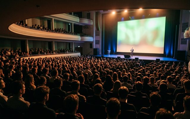 A full auditorium facing a lit stage where one speaker is presenting.