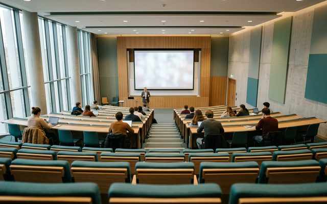 A university lecture theatre with students at tiered desks and an instructor at the front.