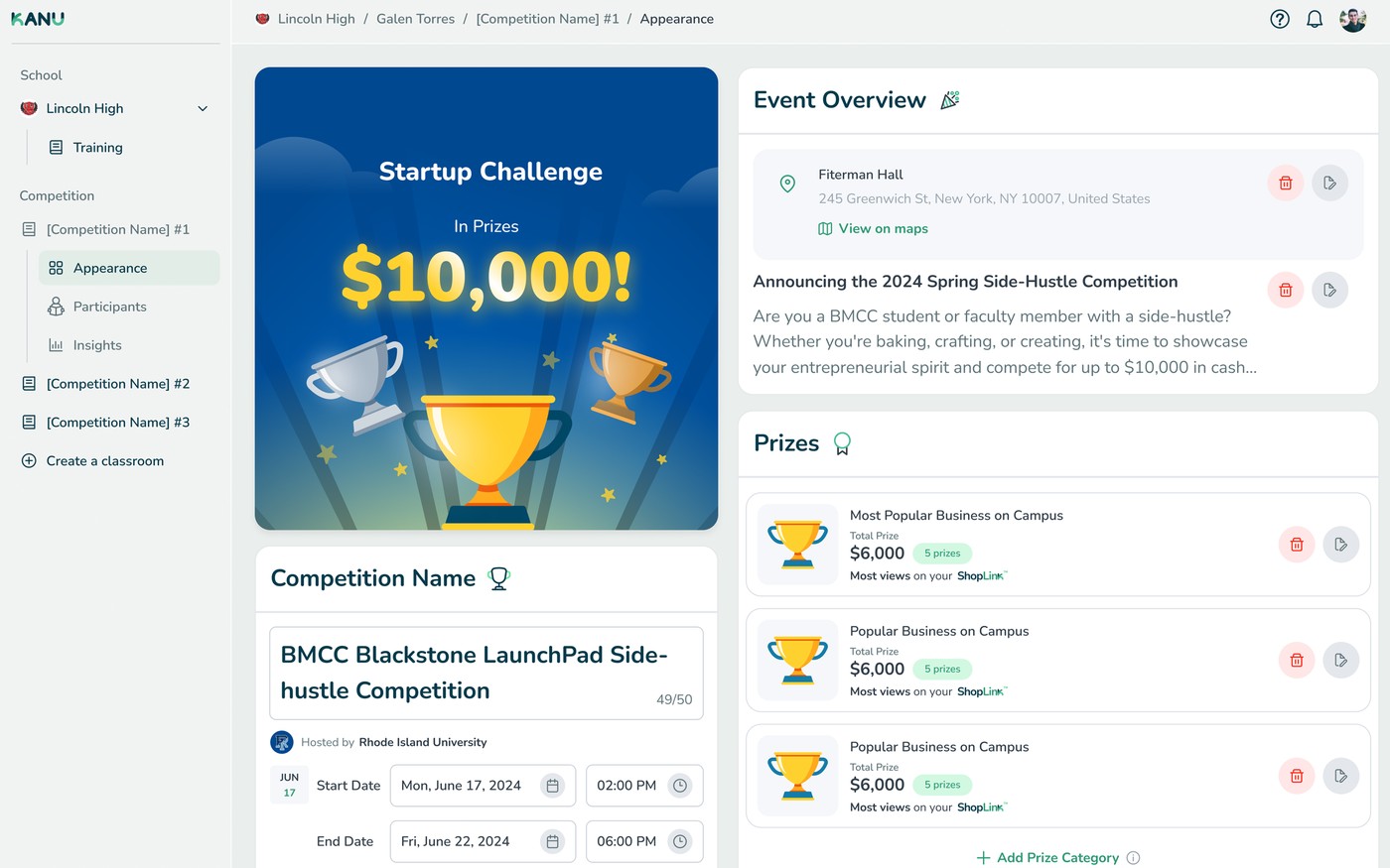 A competition setup view: prize banner, event overview with venue and dates, and a list of prize categories.