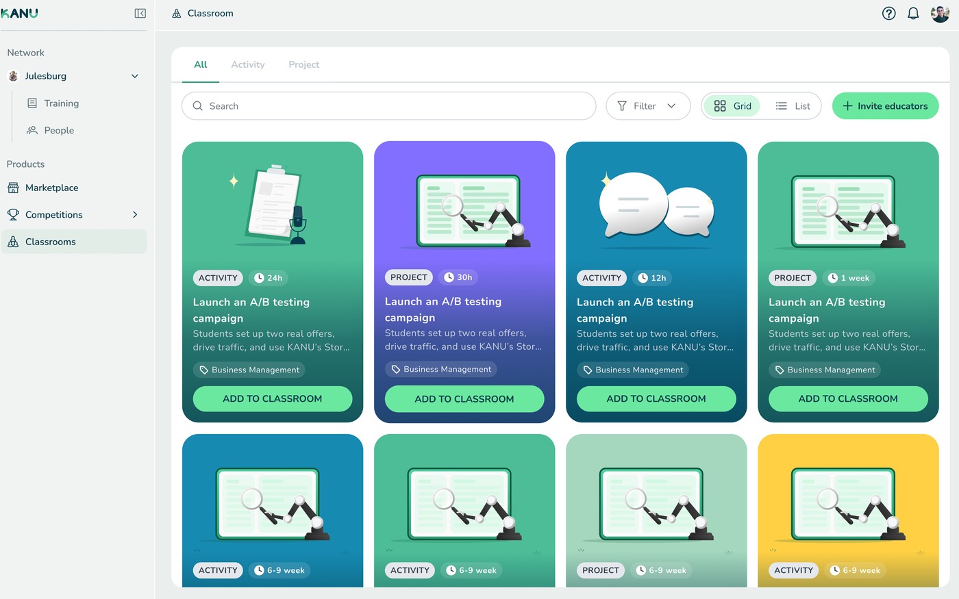 The Experience Library browse view: a grid of activity and project cards with type, duration and subject tags.