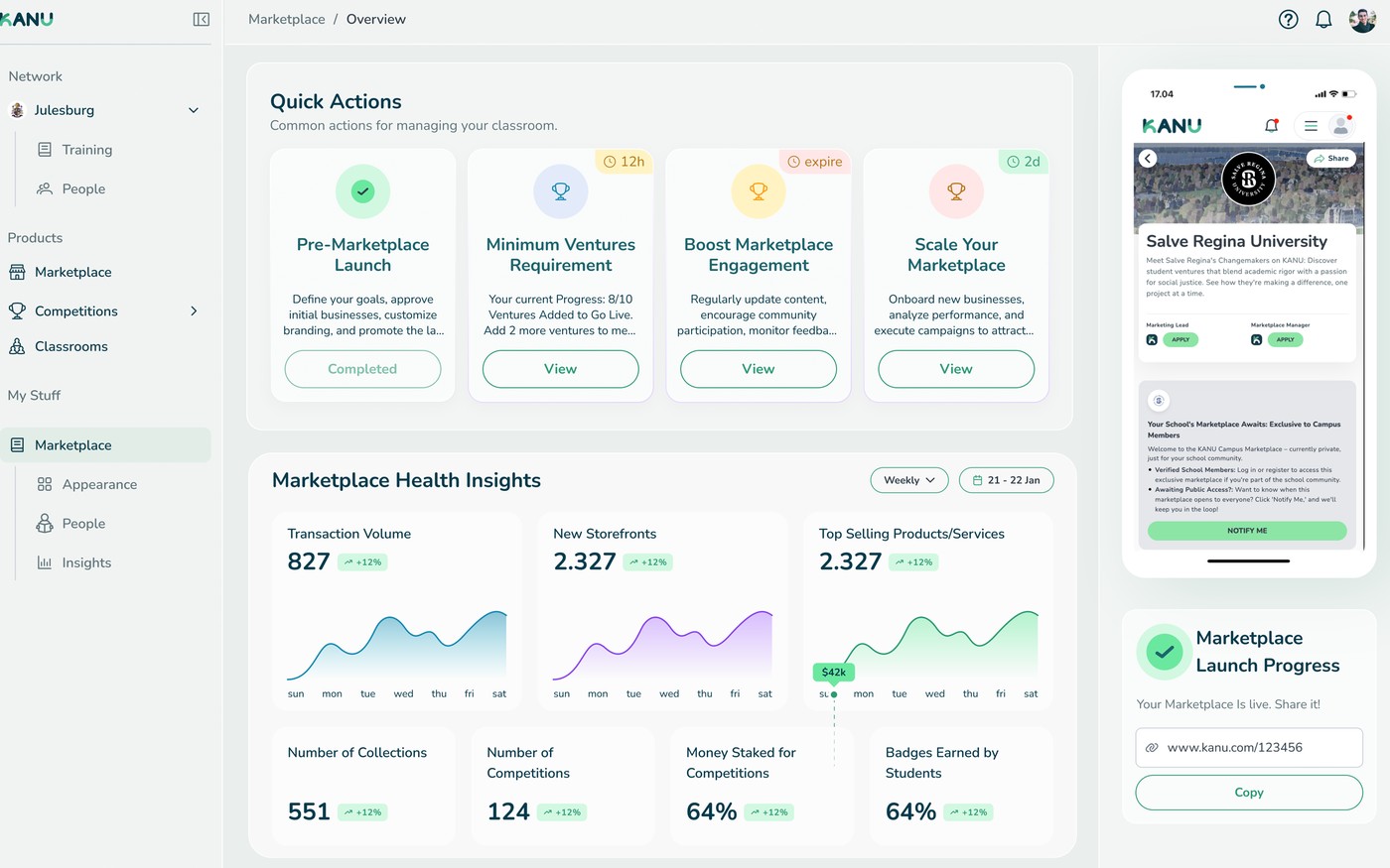 A campus Marketplace overview: launch checklist, health insight charts and a phone preview of the storefront.