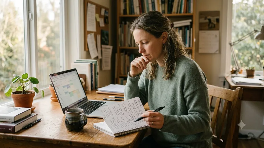 An educator at a home desk with a calendar open on her laptop, pen over a notebook of handwritten planning notes, mapping out a new course.