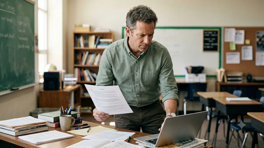 A teacher standing at his classroom desk, holding a printed syllabus in one hand while updating it on an open laptop.