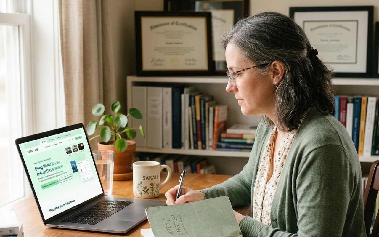 A school administrator at her desk, watching a session on a laptop and taking notes in a notebook.