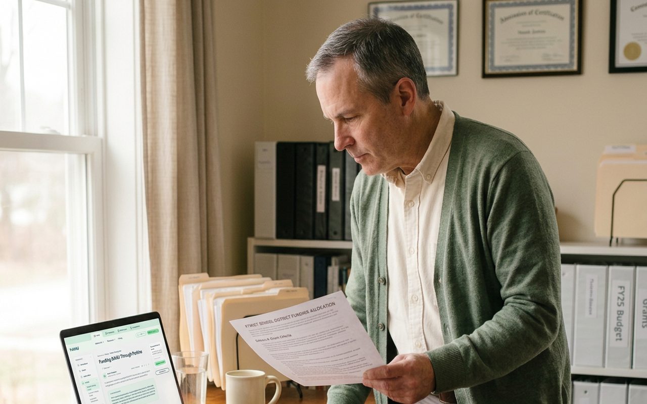 A school administrator standing at a desk, reading a printed district funding allocation document beside a laptop showing a funding guide.
