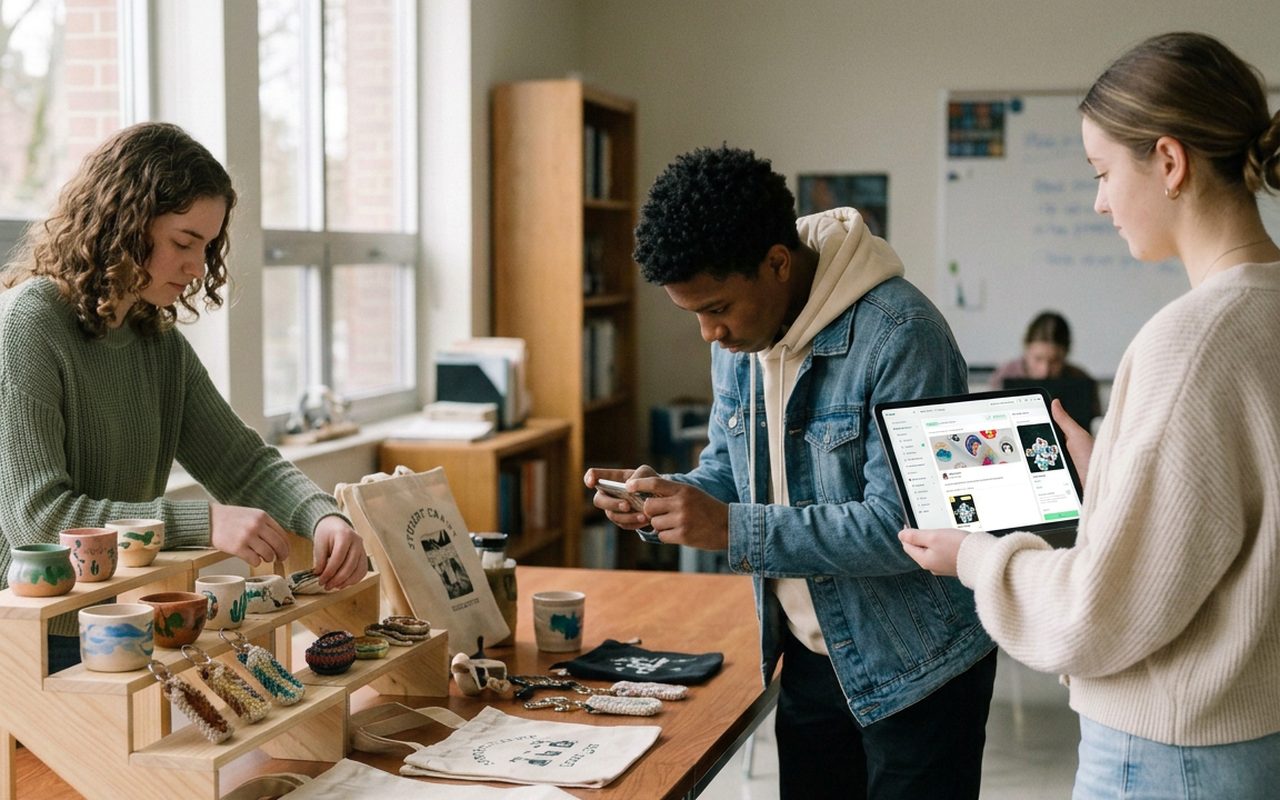 Three students in a classroom setting up a table of handmade products they are selling, one holding a tablet showing their storefront.