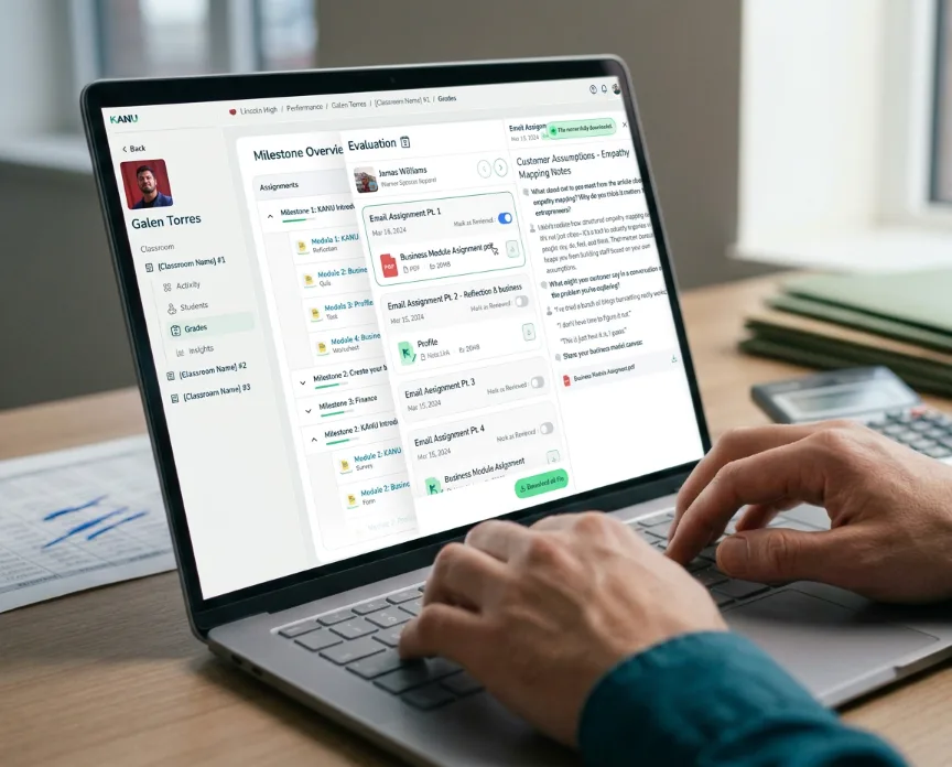 A reviewer working through a student's evaluation on a laptop