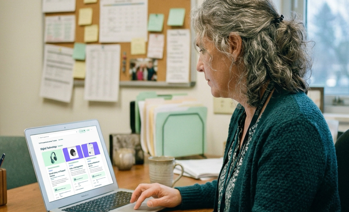 An educator at a desk browsing the KANU experience library on a laptop, with experiences grouped by pathway.