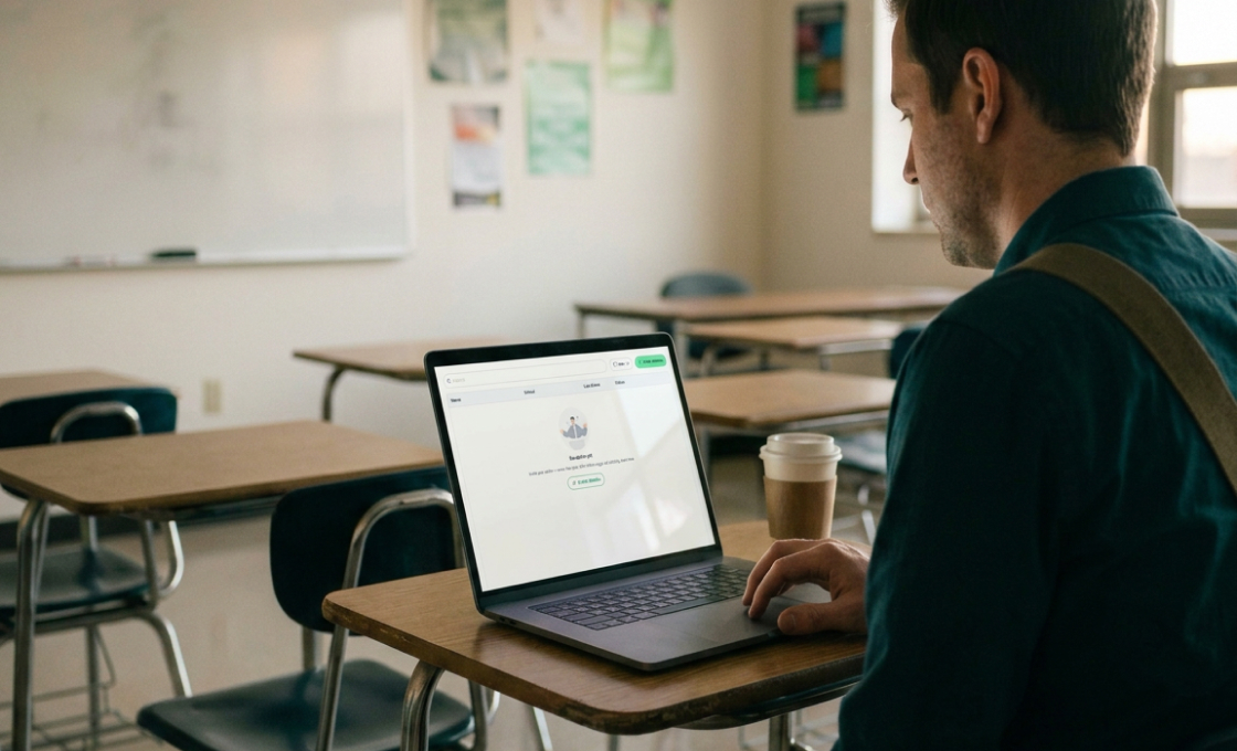 A teacher alone in a classroom at a student desk, setting up on a laptop that shows a teacher invitation screen.