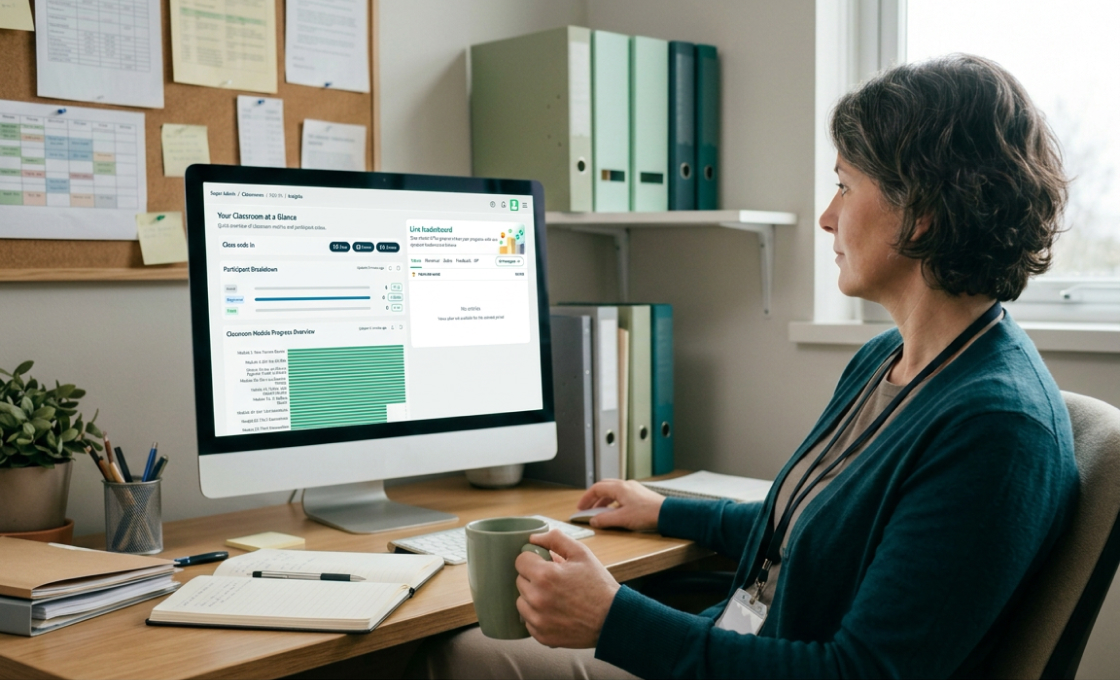 A school administrator at a desk looking at a dashboard of student progress on a desktop monitor.